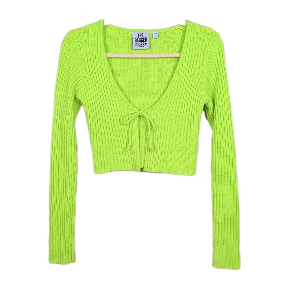 The Ragged Priest Neon Lime Ribbed Cropped Cardigan